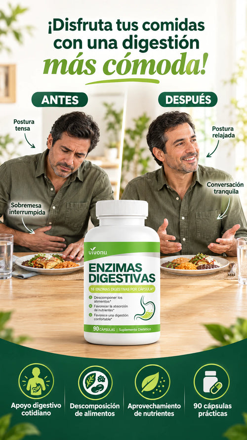 Vivonu Enzimas Digestivas con 16 enzimas por cápsula — Dale apoyo a tu digestión para disfrutar tus comidas con tranquilidad