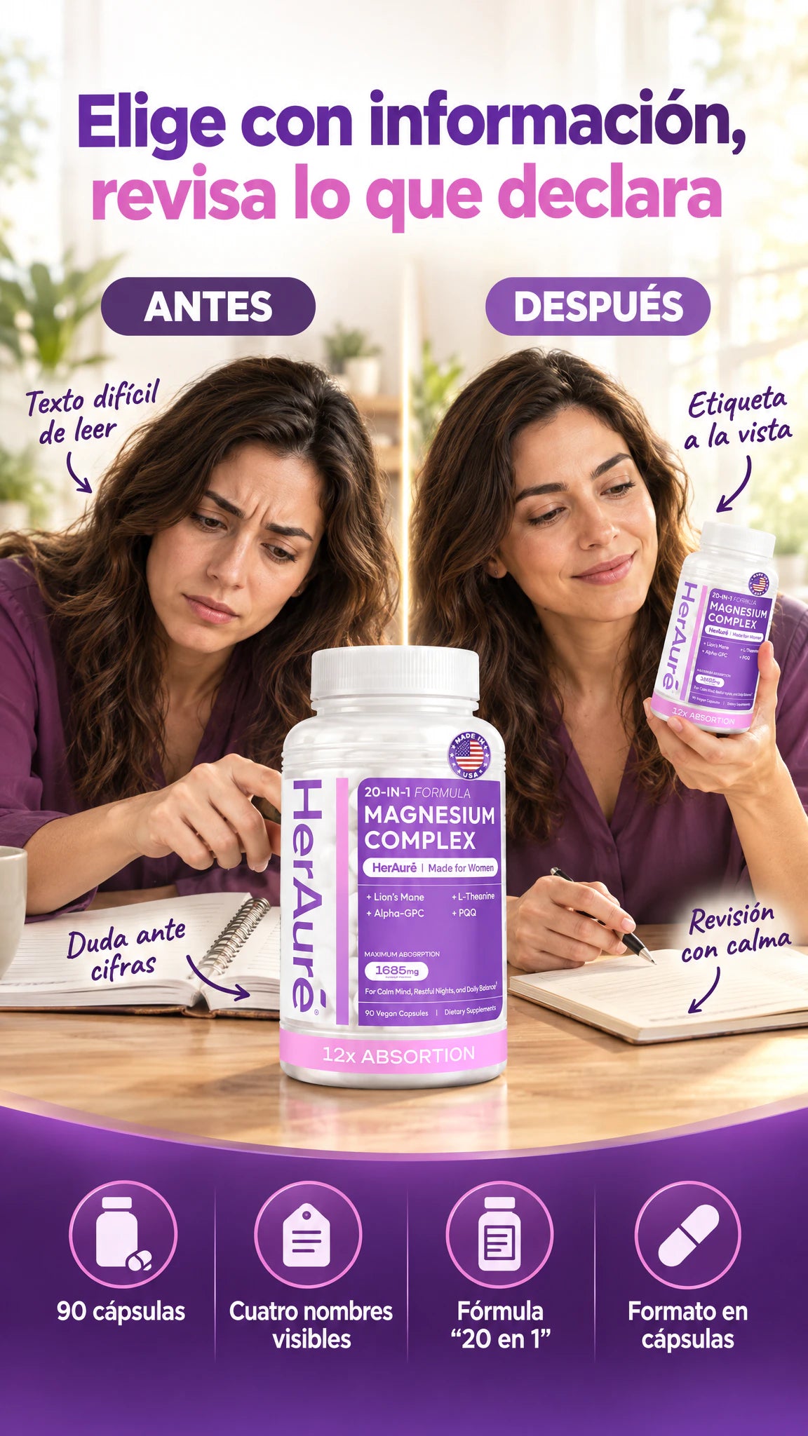 HerAuré Magnesium Complex, fórmula anunciada 20 en 1 — Revisa lo que declara y valora si encaja en tu rutina