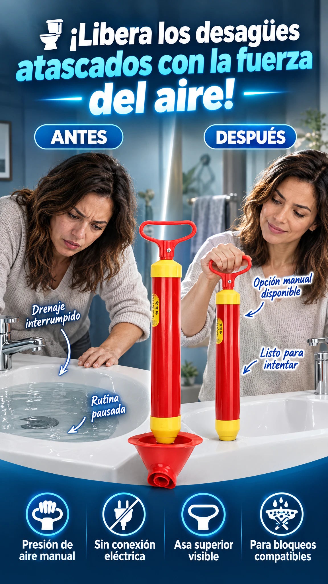 Destupidor de baño — Ayuda a liberar obstrucciones compatibles con presión de aire manual