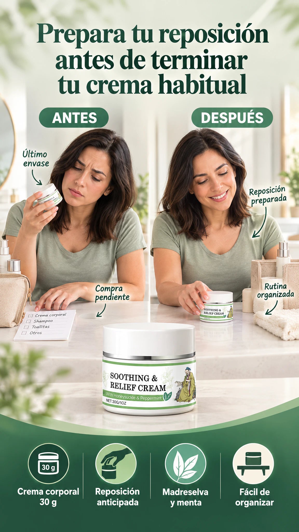 Soothing & Relief Cream con madreselva y menta — Mantén listo tu paso habitual de hidratación corporal