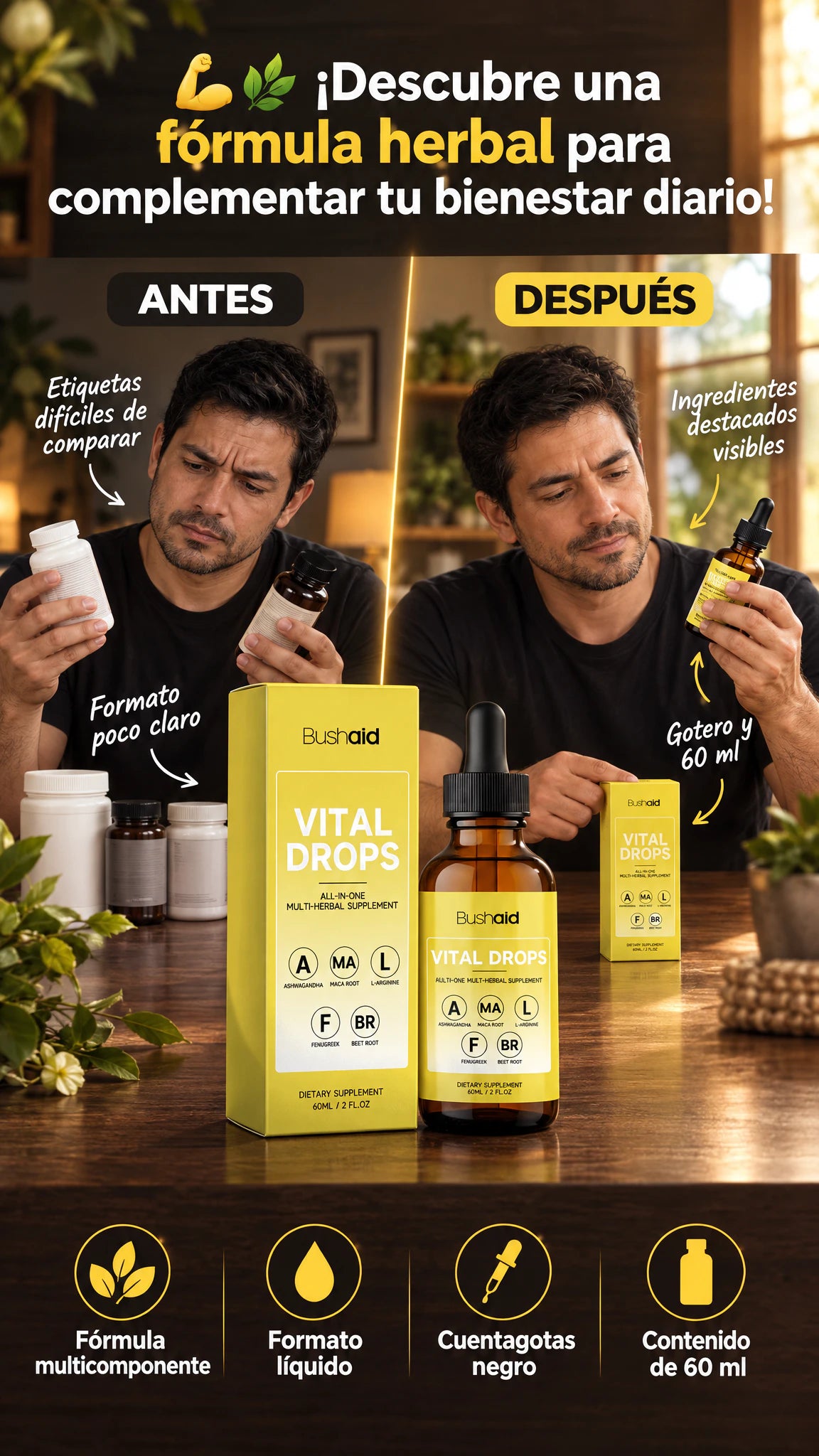 Bushaid Vital Drops — Fórmula herbal líquida para complementar tu bienestar masculino