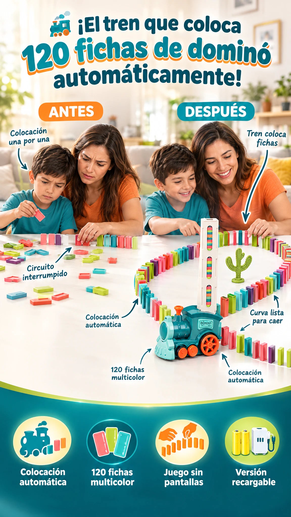 Tren Mágico de Dominós Automático — 120 piezas de diversión para crear y derribar caminos de color