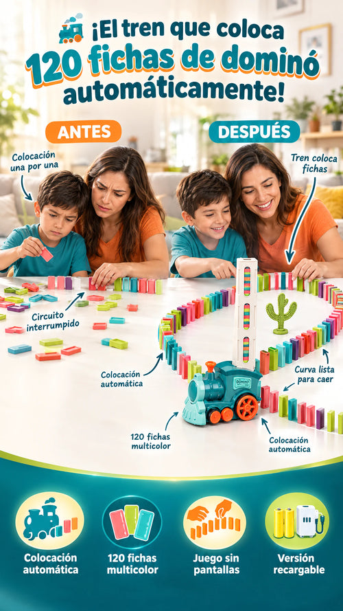 Tren Mágico de Dominós Automático — 120 piezas de diversión para crear y derribar caminos de color