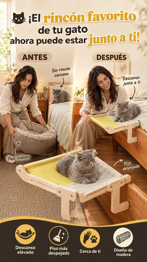 Hamaca Colgante para Gatos de Madera y Tela — Su rincón elevado junto a ti, sin ocupar el piso