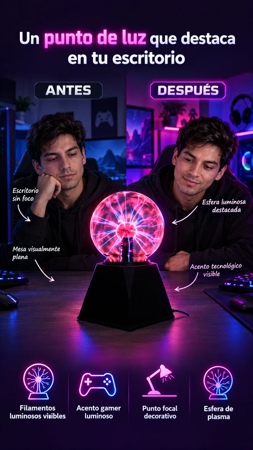 Lámpara de plasma con esfera transparente — Un punto de luz que destaca en tu escritorio