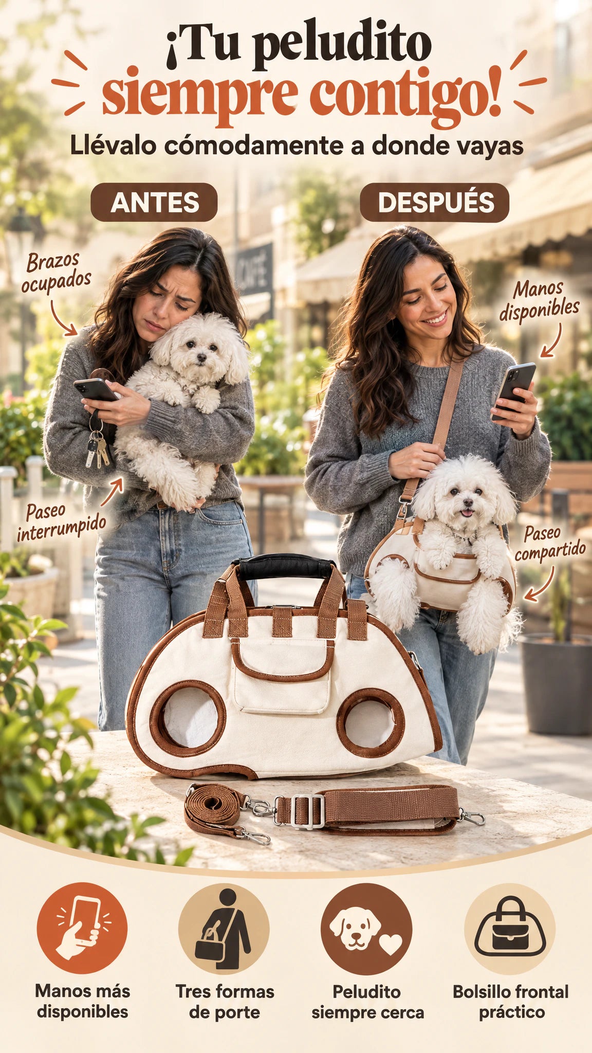 Bolso transportador multifuncional para mascotas pequeñas — Lleva a tu peludito cerca sin cargarlo siempre en brazos