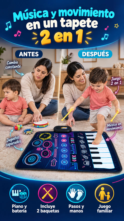Tapete musical 2 en 1 piano + batería — Convierte sus pasos y manos en juego musical activo