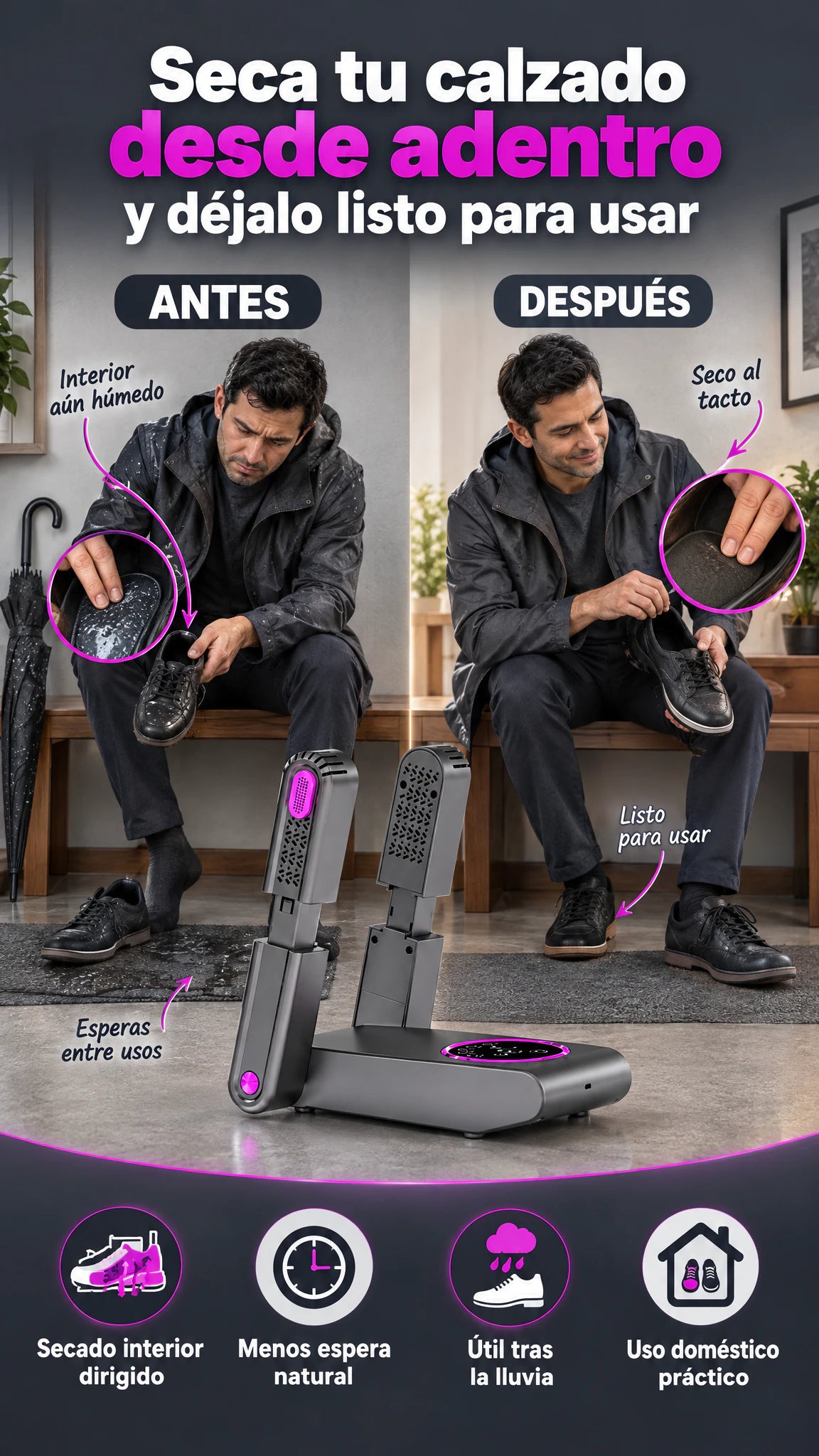 Secador eléctrico para zapatos y botas — Seca desde adentro y deja tu calzado listo para usar