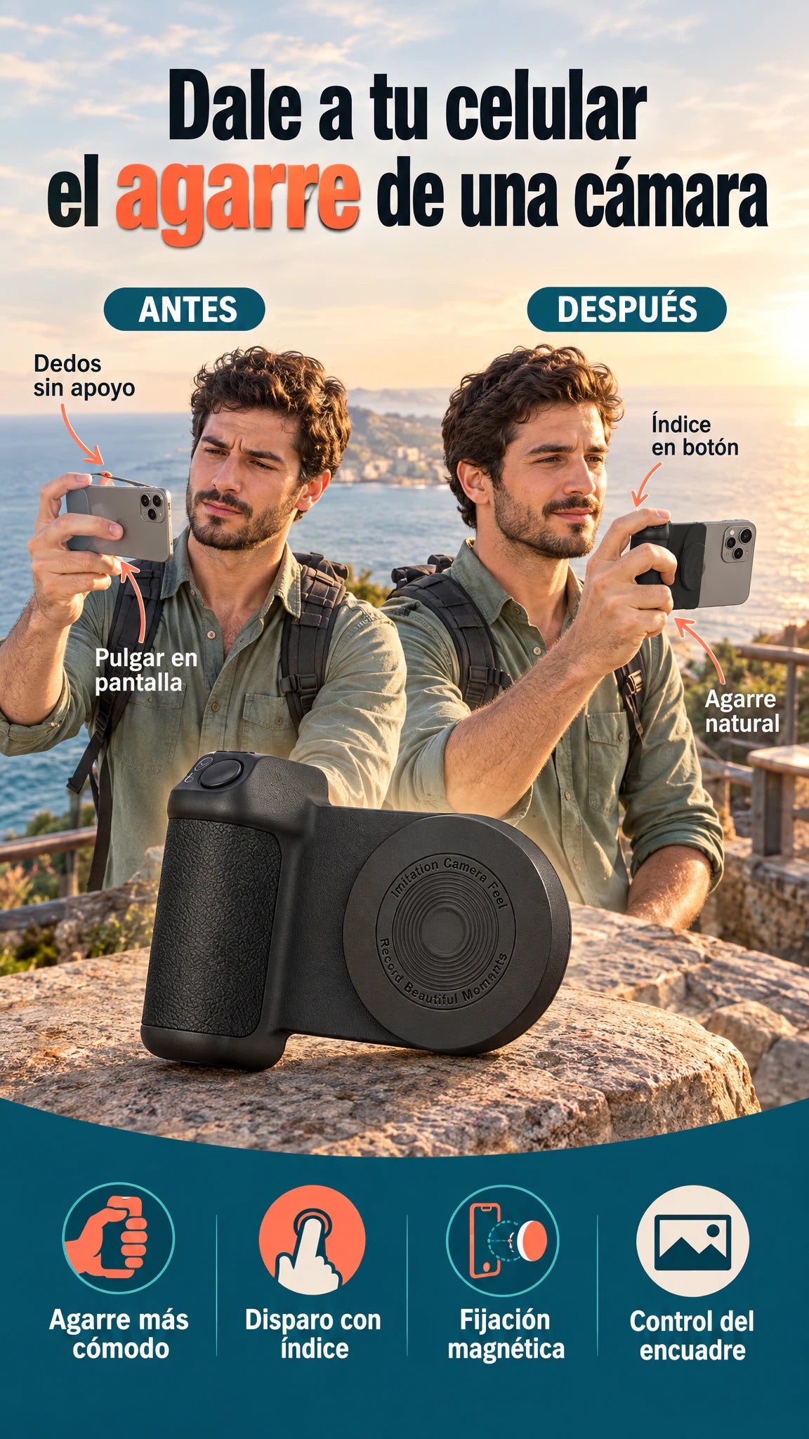 Empuñadura magnética para celular con disparador Bluetooth — Sujeta, encuadra y captura como con una cámara