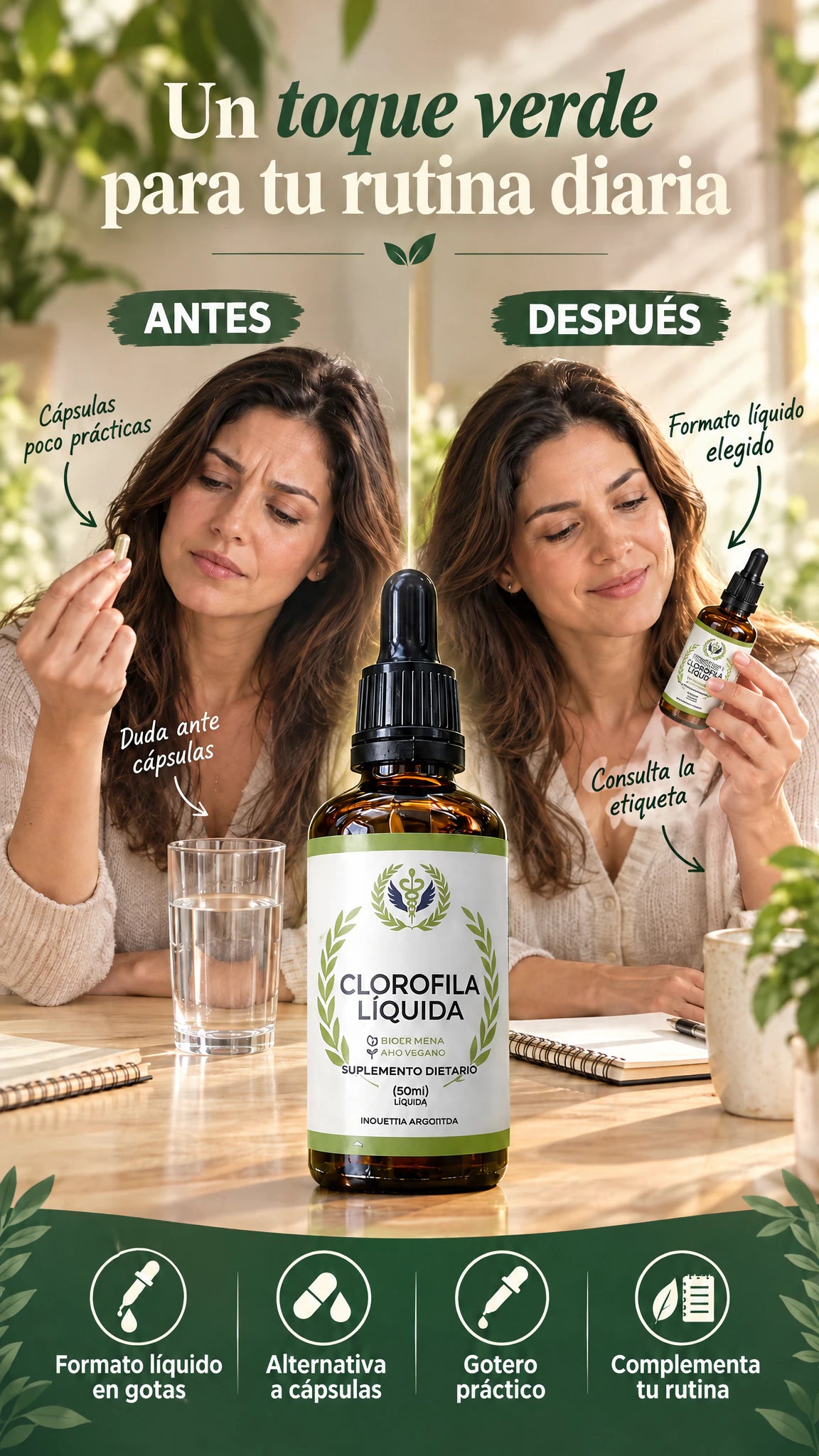 Clorofila líquida en gotas con gotero — Integra un toque verde a tu rutina diaria
