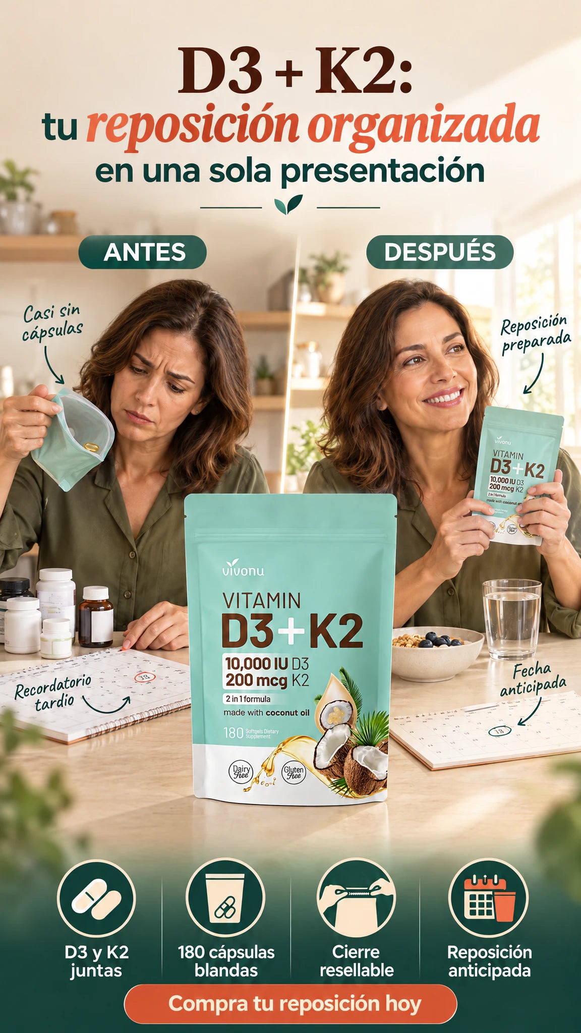 VivoNu D3 + K2 2 en 1 — Mantén organizada la reposición de tu rutina nutricional