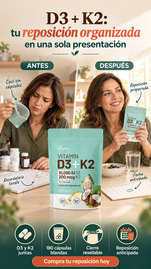 VivoNu D3 + K2 2 en 1 — Mantén organizada la reposición de tu rutina nutricional