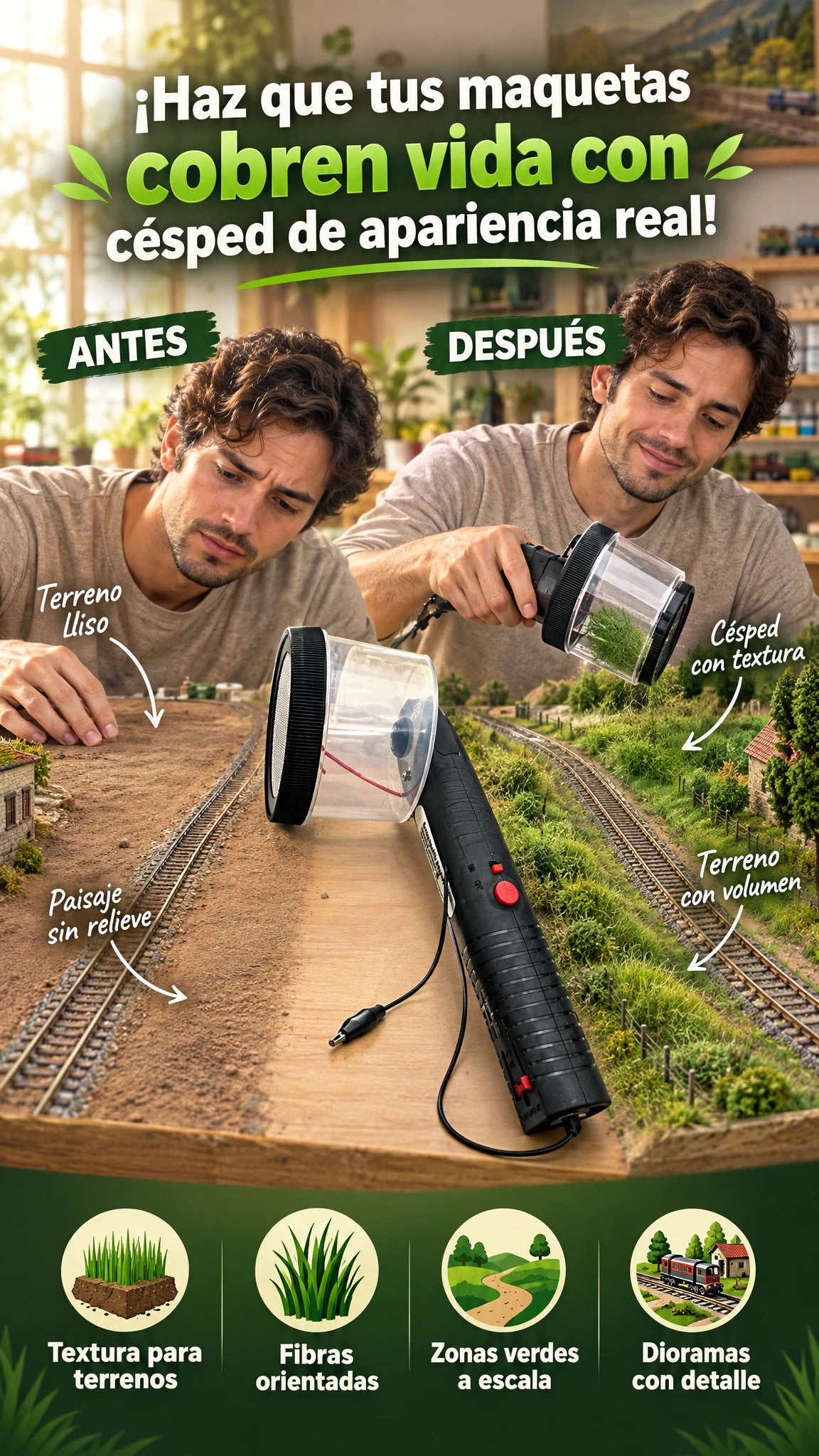 Mini Máquina de Flocado Electrostático — Crea Césped Realista para Maquetas.