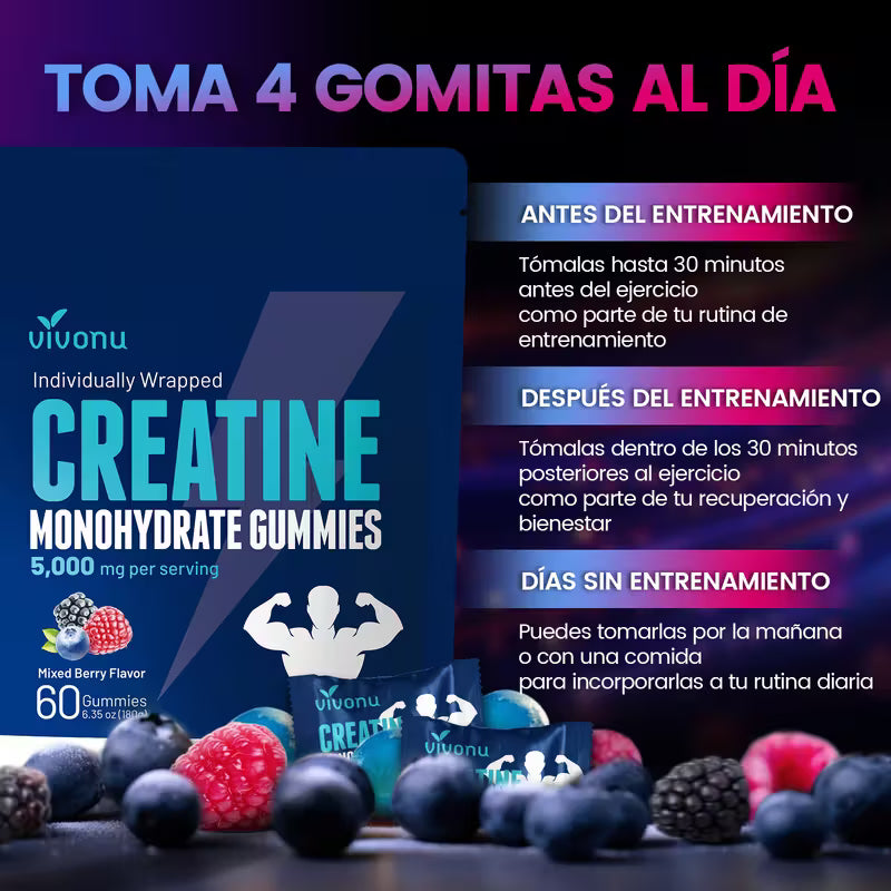 VIVONU Creatina en Gomitas 5000 Mg de Creatina Monohidrata por Porción | Sabor Mestizo de Frutas | Suplemento de Creatina Monohidratada Sin Azúcar (Apto para Hombres y Mujeres) | Suplemento Pre-Entreno Libre de Gluten.