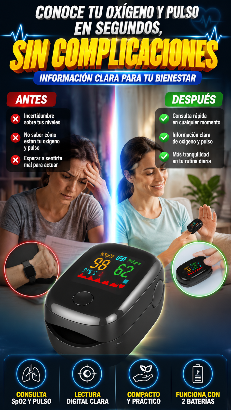 Oxímetro de Pulso Digital — Consulta oxígeno y pulso fácilmente