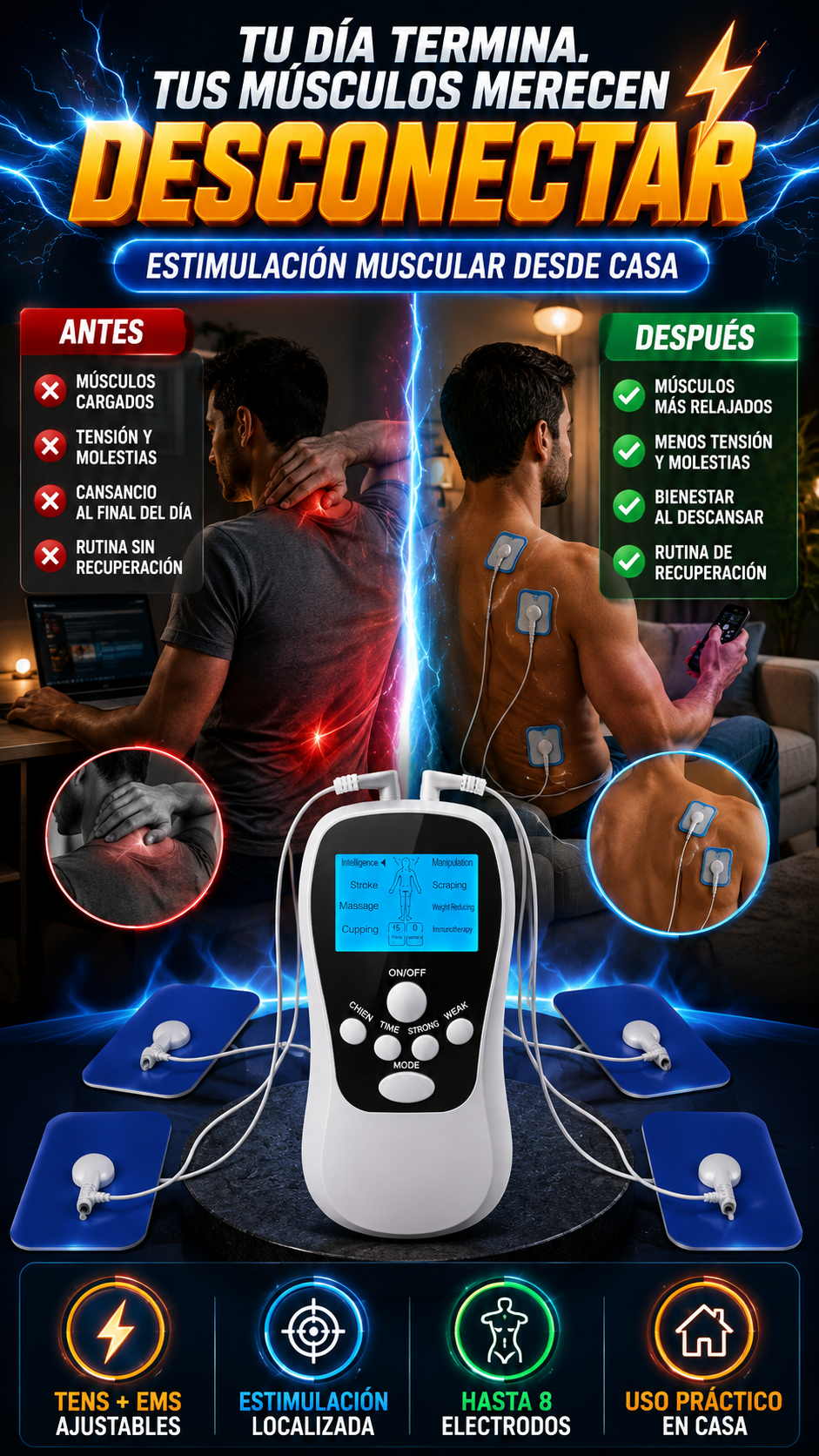 Electroestimulador Portátil TENS/EMS — Relajación muscular desde casa