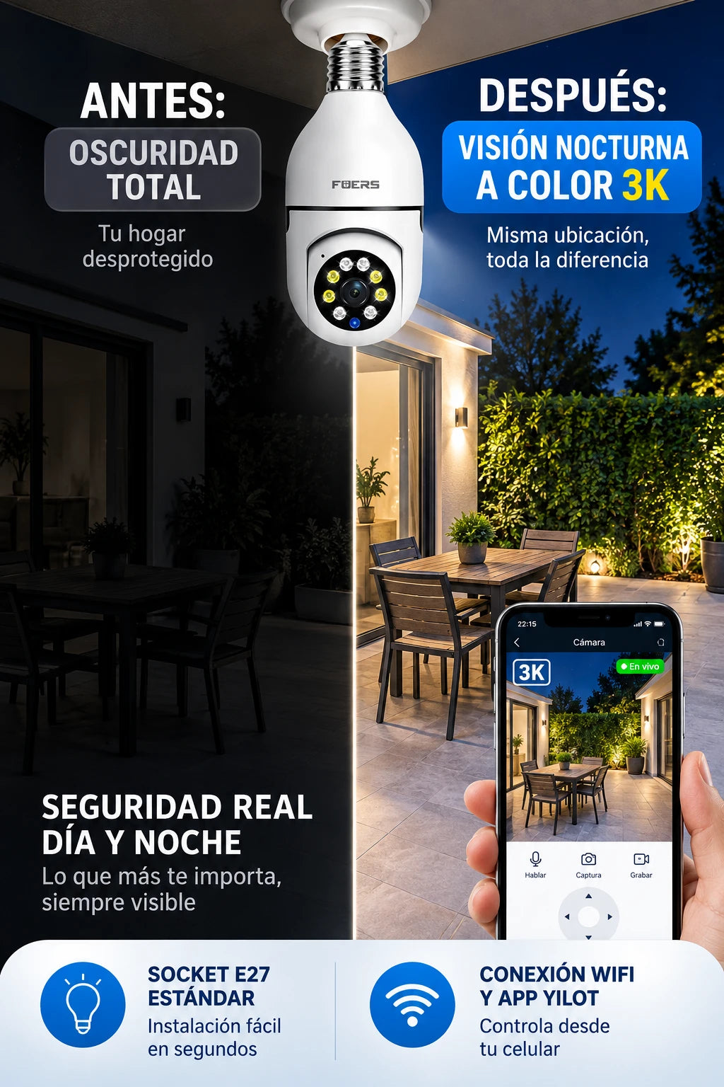 Cámara Fuers visión nocturna a color 3K imagen promocional