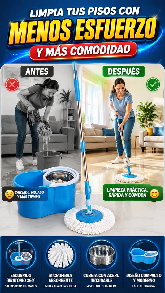 Trapeador Giratorio 360° con Cubeta de Acero Inoxidable — Limpieza práctica con menos esfuerzo