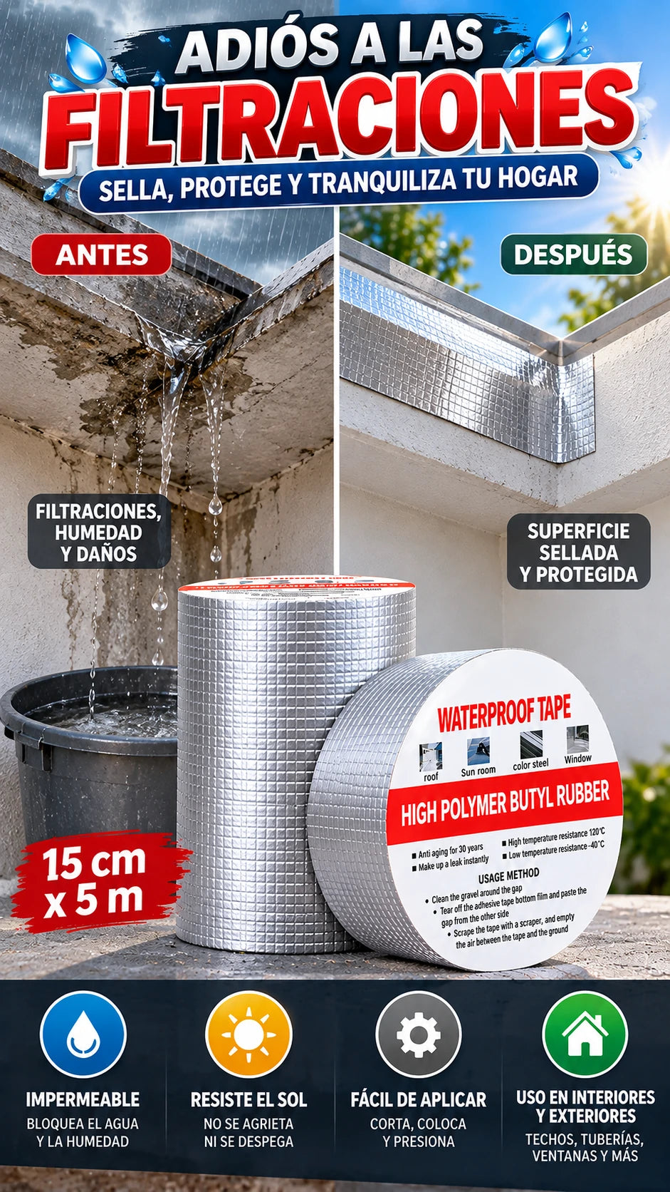 Cinta Impermeable Autoadhesiva de Butilo 15 cm × 5 m — Sella filtraciones y juntas expuestas
