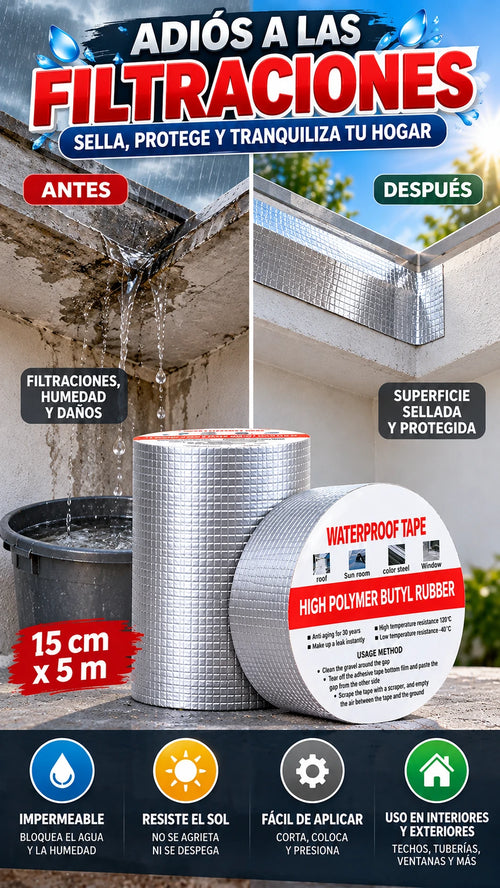 Cinta Impermeable Autoadhesiva de Butilo 15 cm × 5 m — Sella filtraciones y juntas expuestas