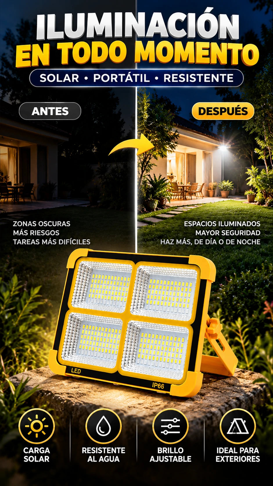 Reflector LED Solar Portátil con Soporte Ajustable — Iluminación lista cuando la necesitas