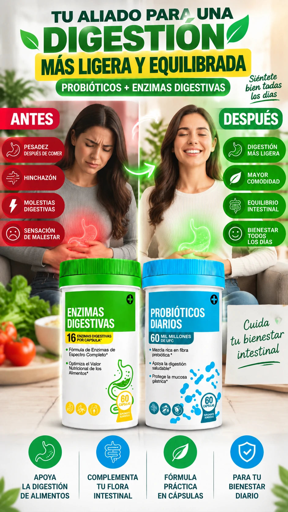 Suplemento Kit Probióticos + Enzimas Digestivas — Apoya tu bienestar intestinal diario