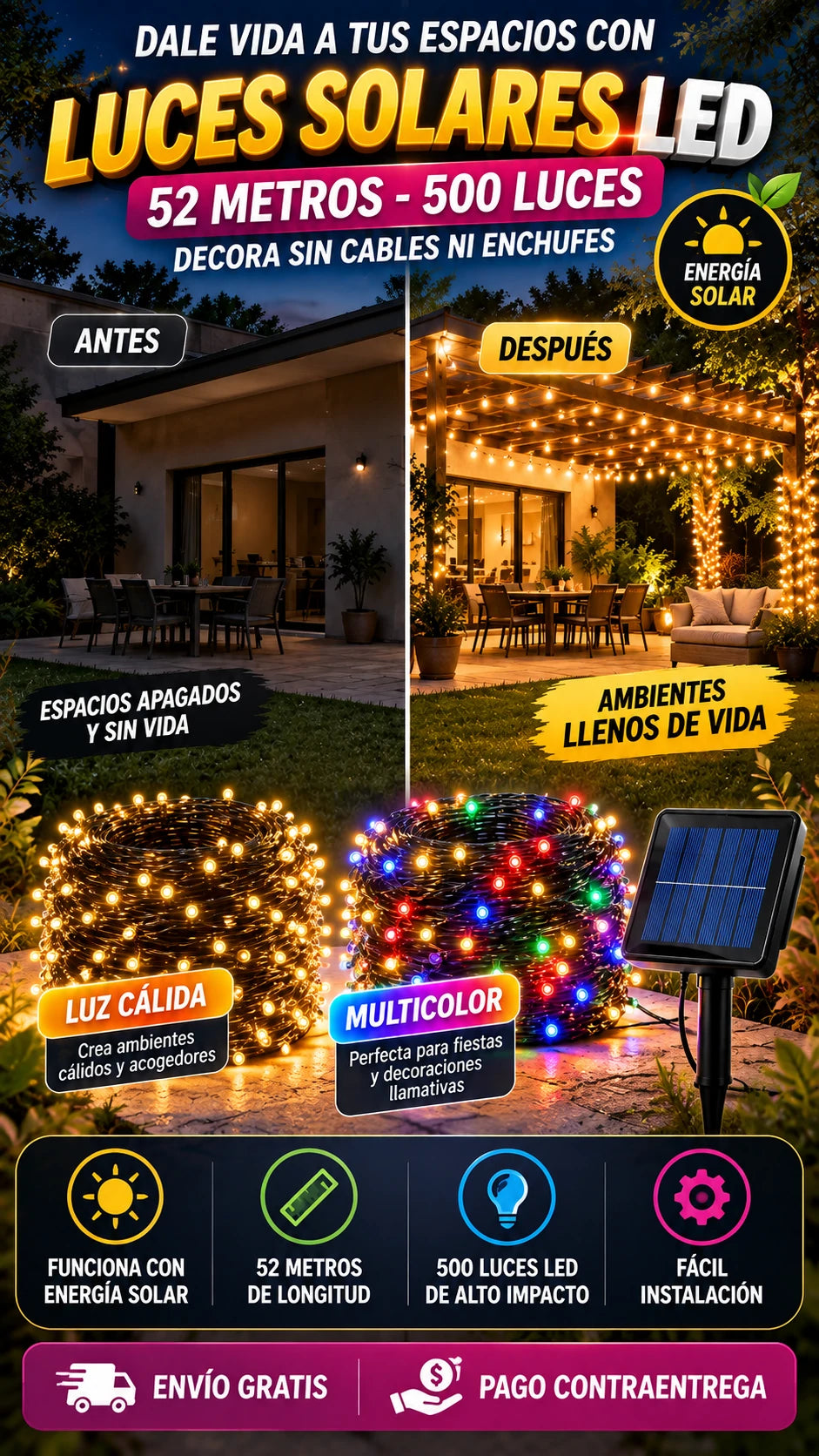 Cadena de Luces Solares LED de 52 m y 500 LED — Decora exteriores sin depender de enchufes