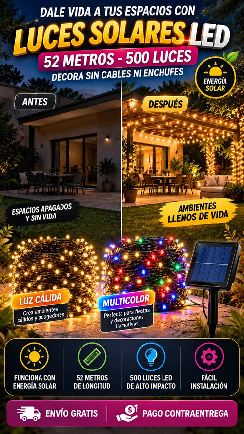 Cadena de Luces Solares LED de 52 m y 500 LED — Decora exteriores sin depender de enchufes