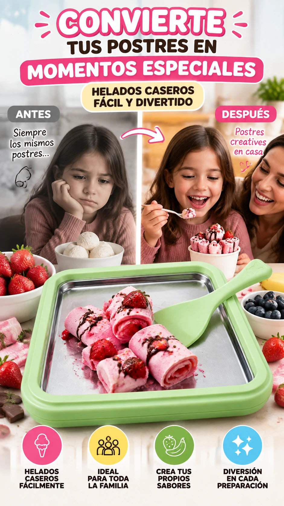 Máquina para Hacer Helados Instantáneos con Placa y Espátula — Prepara helados caseros fácilmente