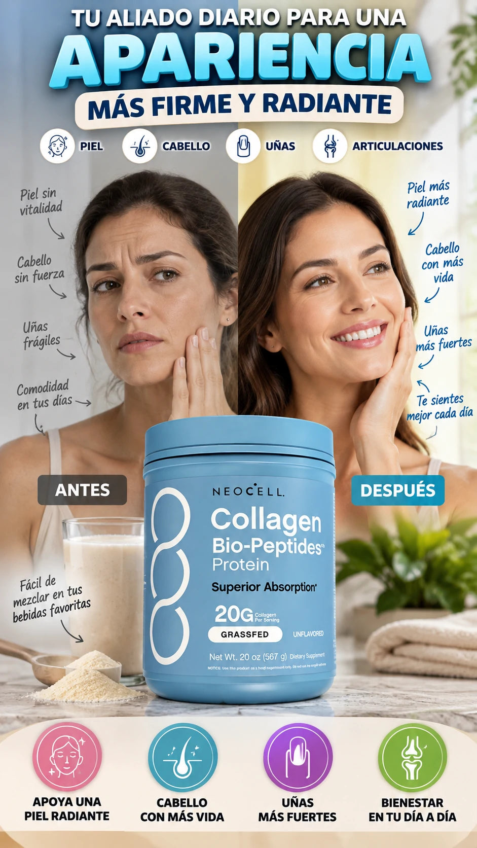 Suplemento de Colágeno Bio-Péptidos NeoCell 567 g — Complementa tu nutrición diaria con colágeno