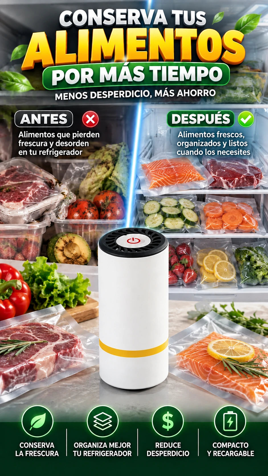 Sellador al Vacío Portátil Recargable — Conserva y organiza tus alimentos