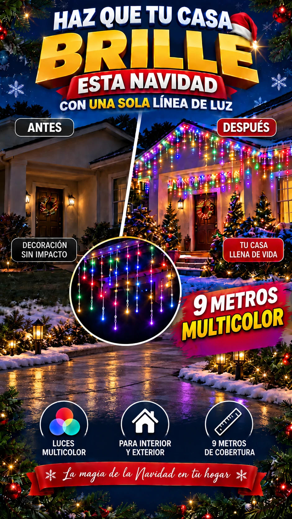 Cascada Navideña Multicolor 9 metros — Viste una zona amplia fácilmente