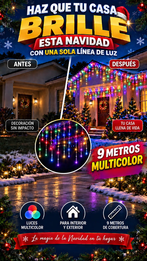 Cascada Navideña Multicolor 9 metros — Viste una zona amplia fácilmente