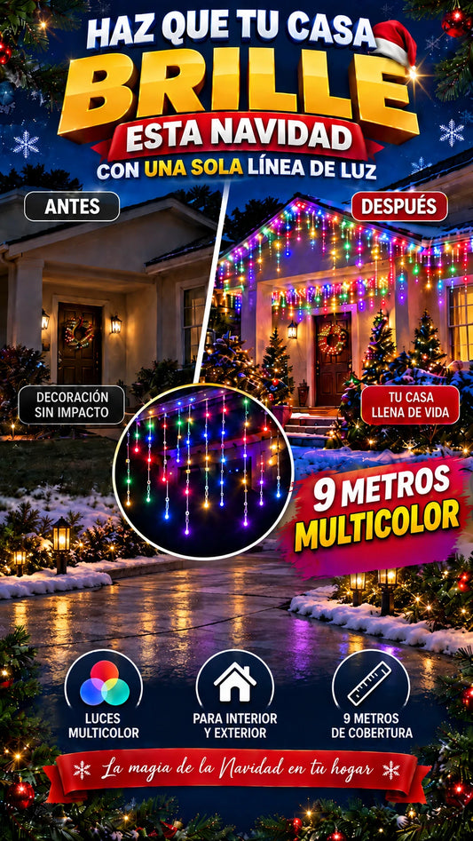 Cascada Navideña Multicolor 9 metros — Viste una zona amplia fácilmente