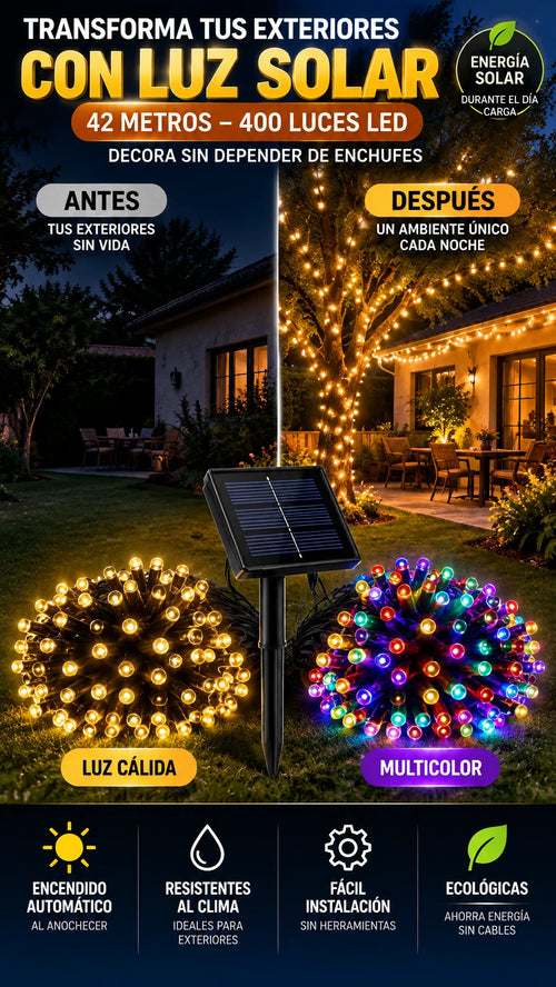 Cadena de Luces Solares LED de 42 m y 400 LED — Decora exteriores sin depender de enchufes