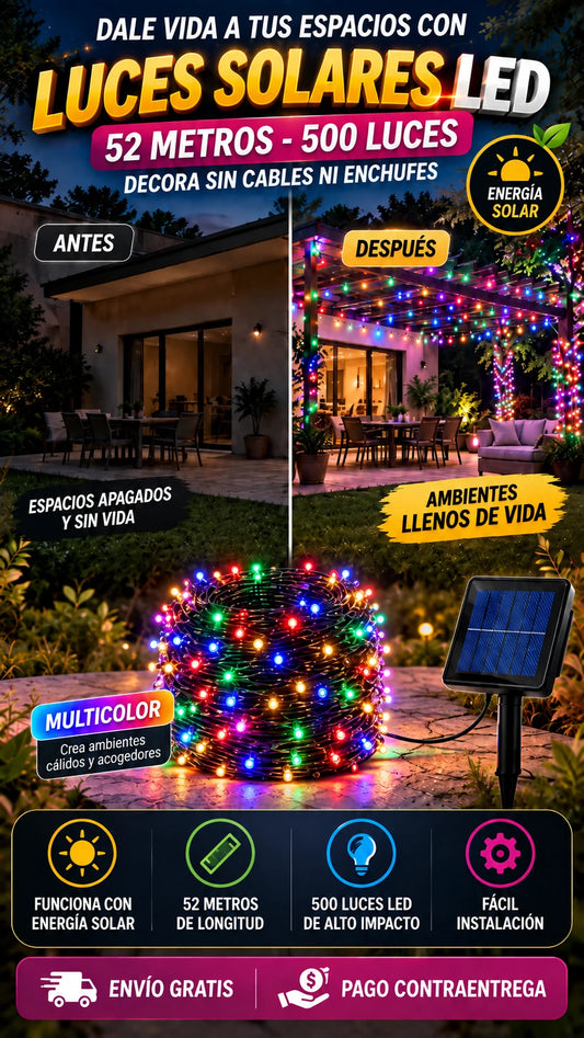 Cadena de Luces Solares LED de 52 m y 500 LED — Decora exteriores sin depender de enchufes