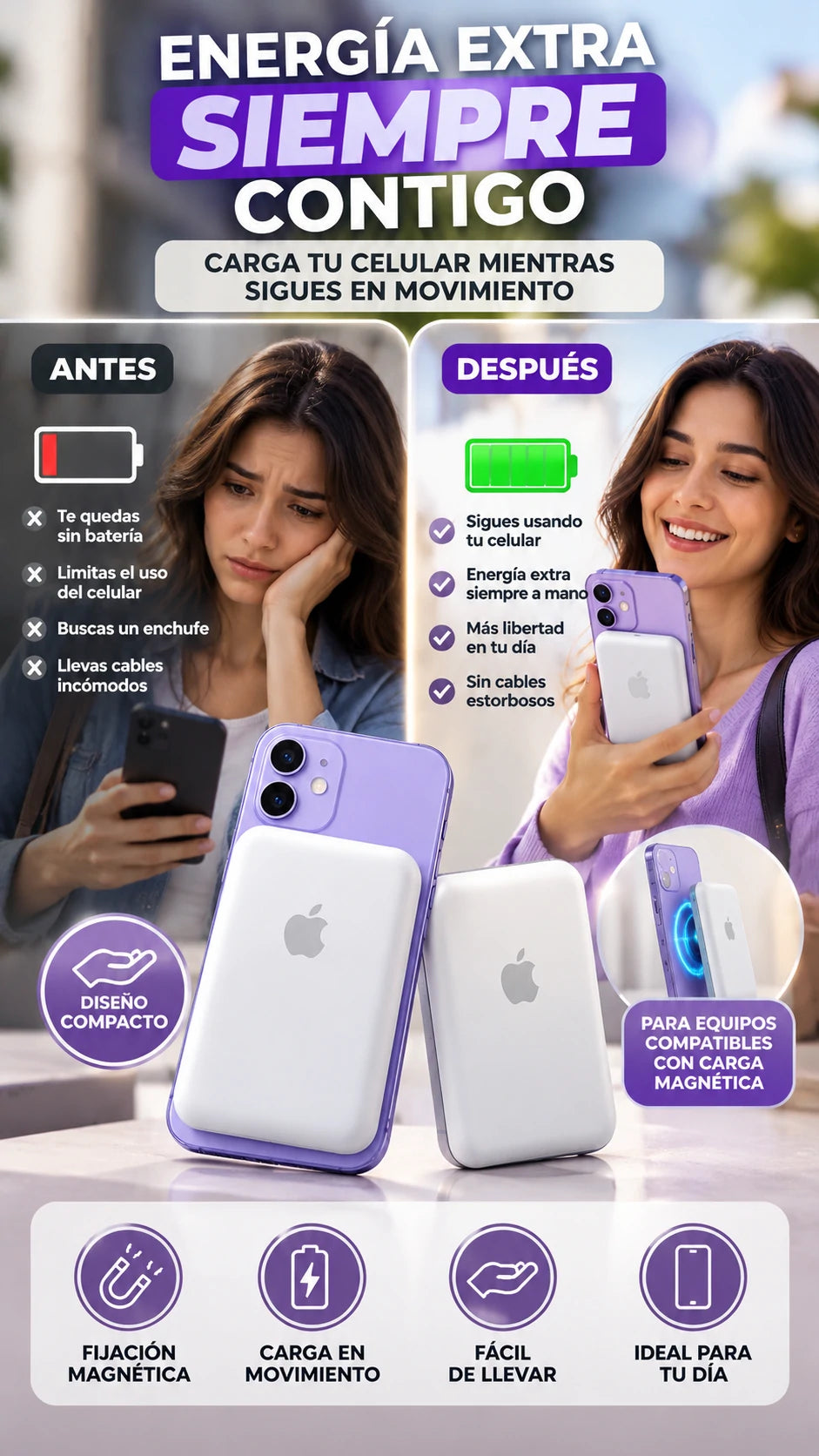 Batería Magnética Portátil — Carga práctica mientras sigues en movimiento