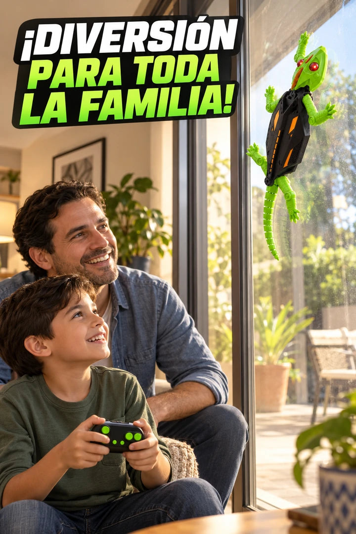 Lagarto RC en una ventana con padre e hijo