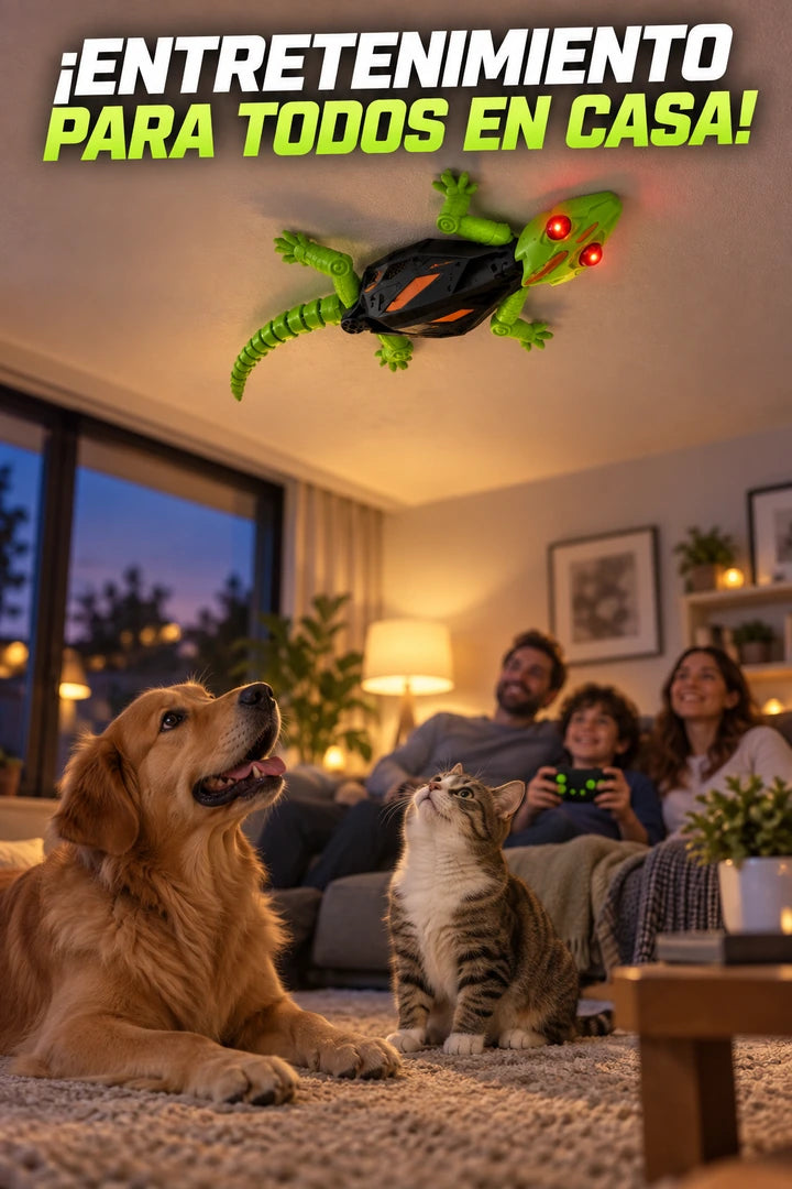 Lagarto RC en el techo con familia y mascotas