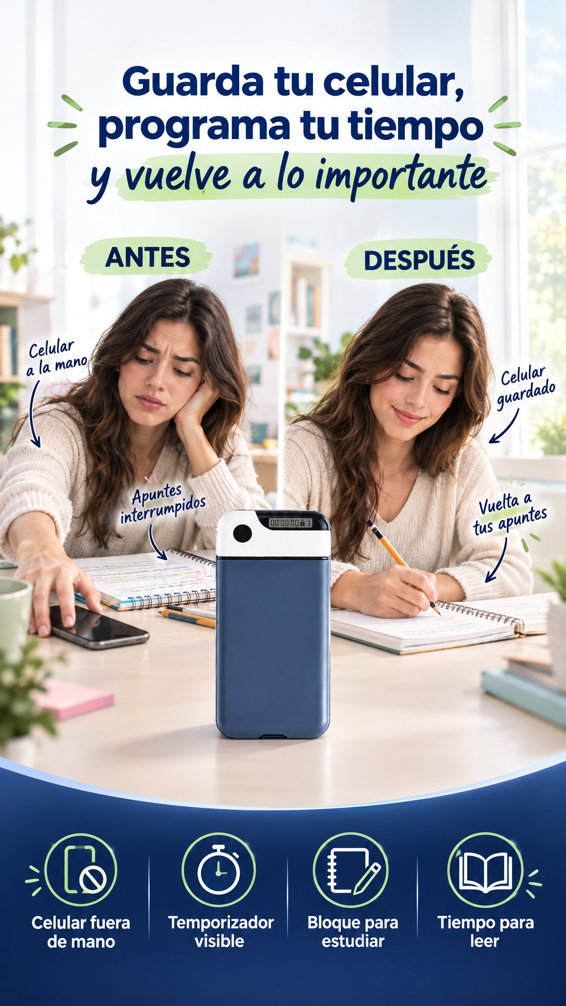 Caja temporizada para limitar el uso del teléfono sin bloquear llamadas — Programa un momento sin celular y vuelve a lo que importa.
