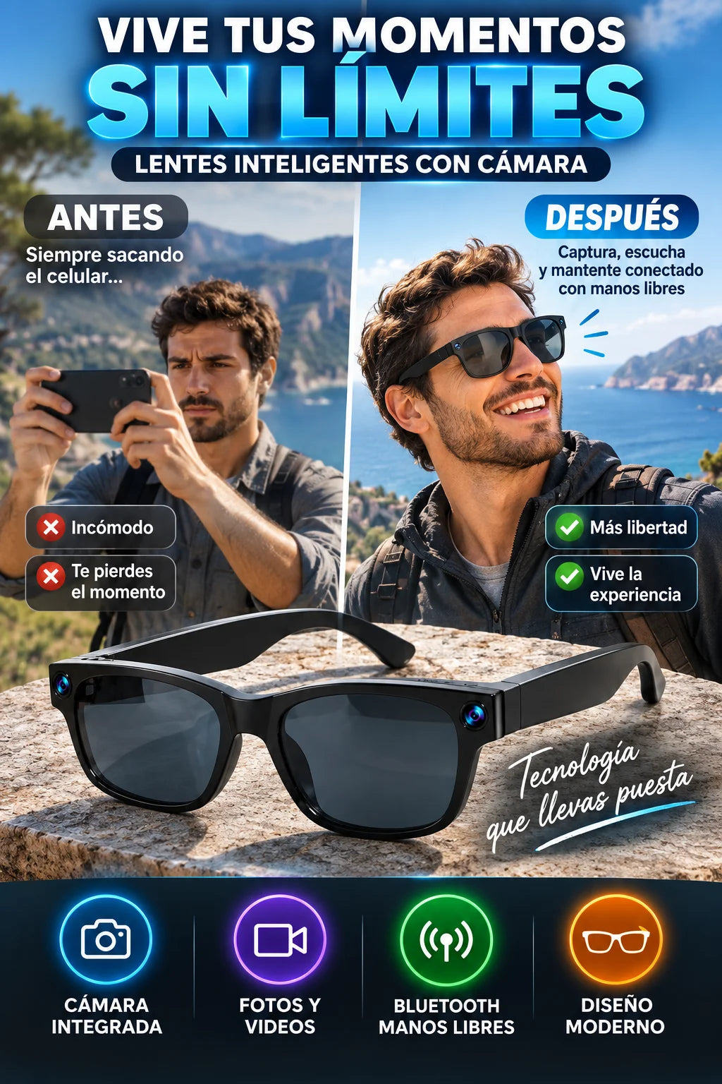Lentes Inteligentes Bluetooth con Cámara — Captura, escucha y mantente conectado con manos libres