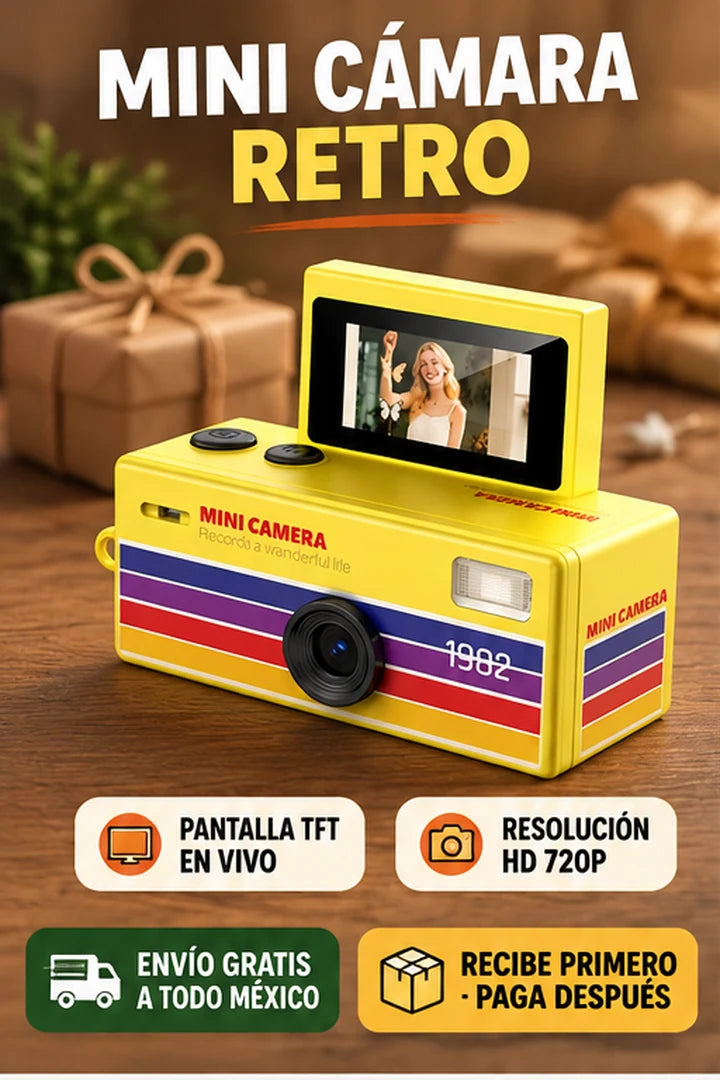 Mini cámara retro amarilla presentación
