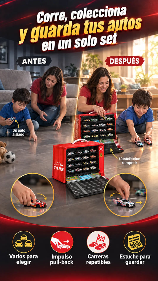 Set de mini autos pull-back con estuche — Corre, colecciona y guarda en un solo lugar