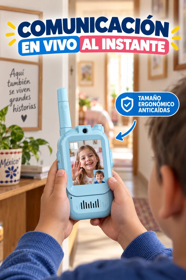 Walkie talkie JK200 azul en videollamada, comunicación en vivo