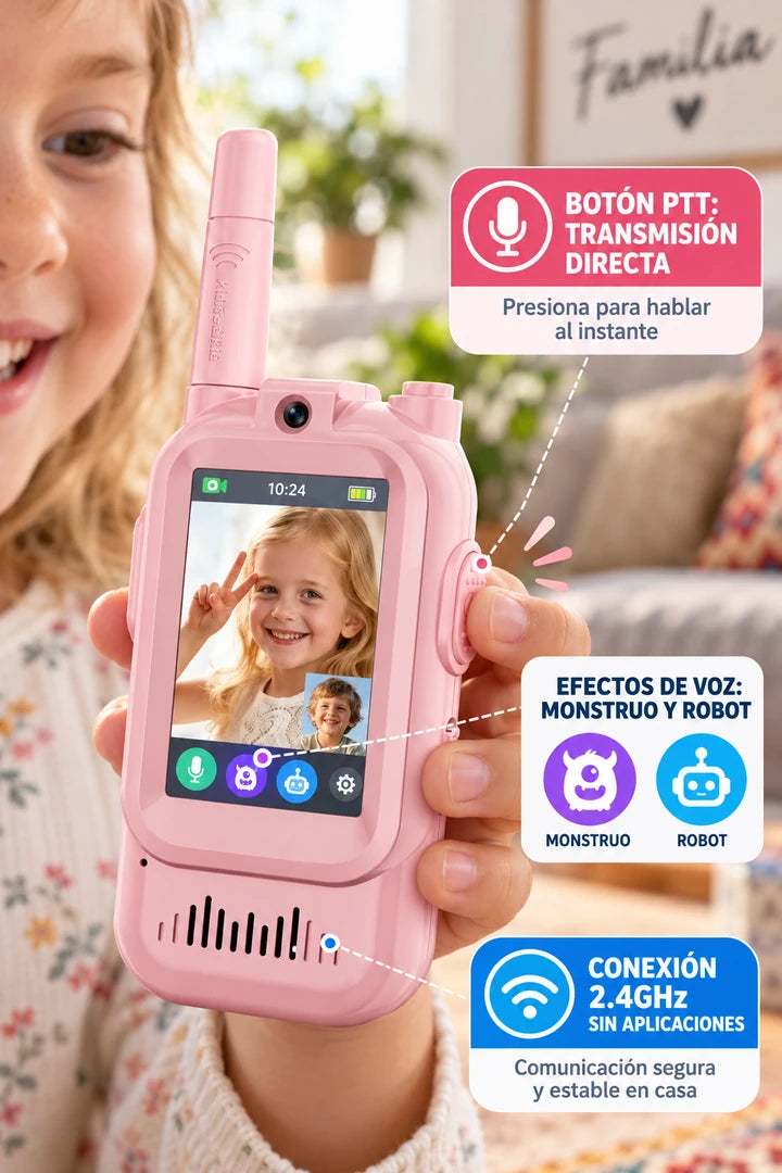Walkie talkie JK200 rosa, botón PTT y funciones